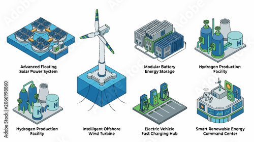 Fényképezés Isometric Illustration of Renewable Energy Infrastructure Concepts