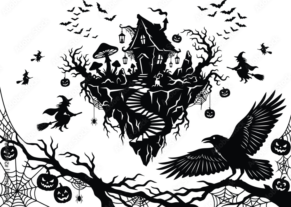 Obraz premium Spooky Halloween Silhouette Scene with Floating Island, Haunted House, Flying Witches, and Raven