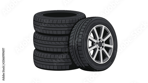 Photos Set of car tires with alloy wheel isolated on white