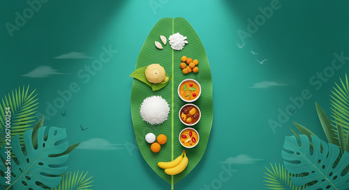 Kerala Sadhya Meal On Banana Leaf Illustration With Tropical Foliage And Birds