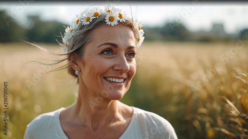 Positive aging woman with a wreath of flowers on her head, summer day