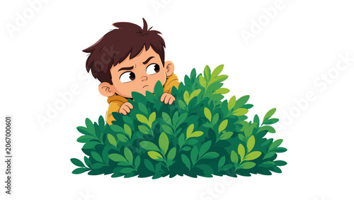 Quadro su tela Cartoon boy peeking from behind green bush illustration