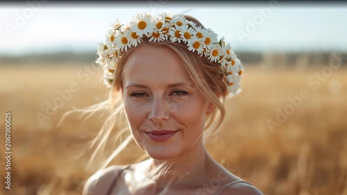 Positive aging woman with a wreath of flowers on her head, summer day