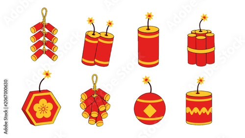 Obraz na płótnie Set of red firecracker and fireworks vector icons
