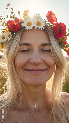 Positive aging woman with a wreath of flowers on her head, summer day