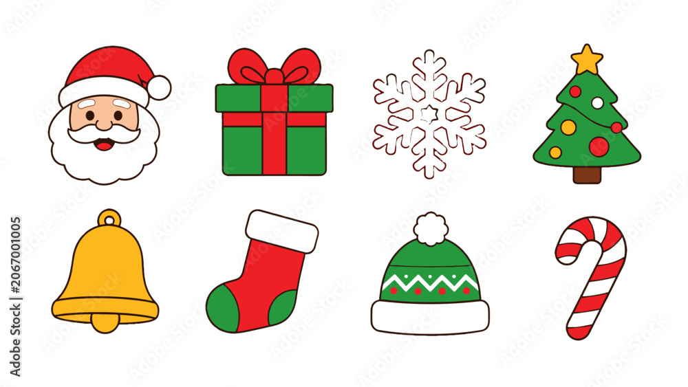Naklejka premium Christmas holiday icon set with Santa gift snowflake tree and bell
