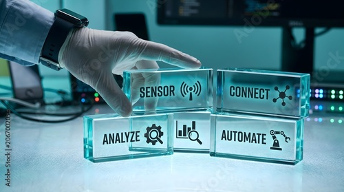 Gloved hand touching glass block with sensor icon on desk in office