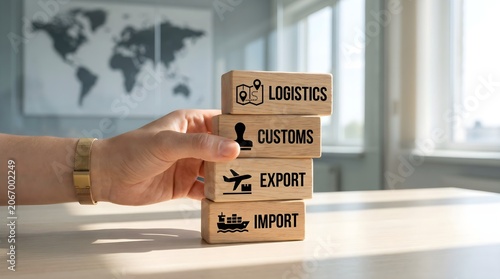 Hand holding wooden blocks with logistics and transportation icons on desk in office