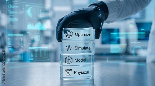 Hand in glove holding stacked glass blocks with optimize simulate model physical text