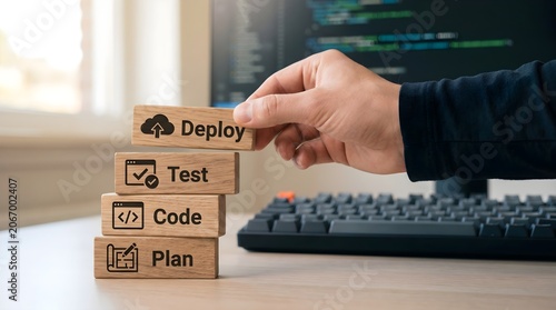 Hand placing deploy block on top of software development process wooden blocks