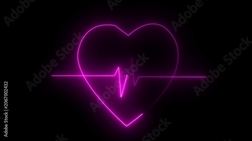 pink Glowing neon love heart beat line animation and black background.Abstract neon heartbeat signal icon animation black background .abstract neon icon animation...