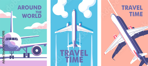 Airplane flying in the sky with clouds. Passenger plane parked on the runway. Travel, journey concept. Perfect background on the theme of season vacation, weekend. Vector illustration.