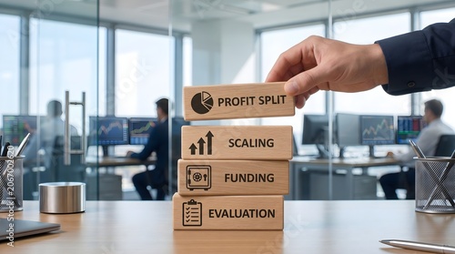 Hand stacking wooden blocks with business terms on office desk with people in background