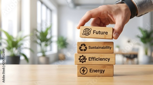 Hand stacking wooden blocks with eco friendly words on office desk