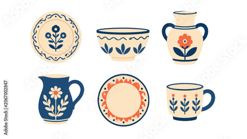 Foto Decorative ceramic tableware set with floral folk patterns