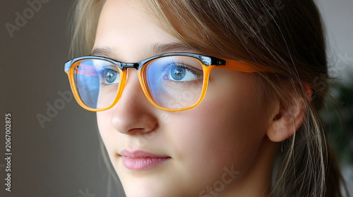 Child wearing blue light blocking glasses looking thoughtfully through a window highlighting eye protection and healthy screen time habits