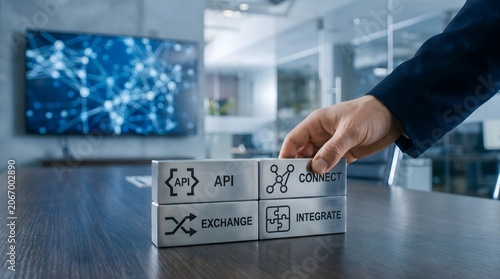 Person placing block with connect text on office table with api blocks