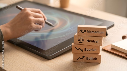 Person using digital tablet with wooden stock market blocks on desk  finance concept