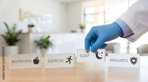 Wellness concept with nutrition exercise sleep and health cards on wooden table in office