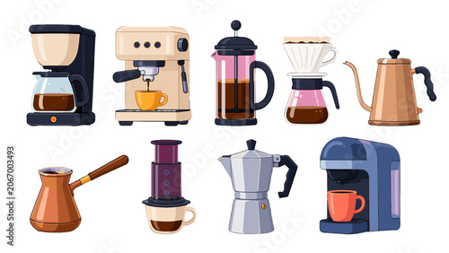 Cuadro en lienzo Cartoon coffee maker and brewing equipment icon set