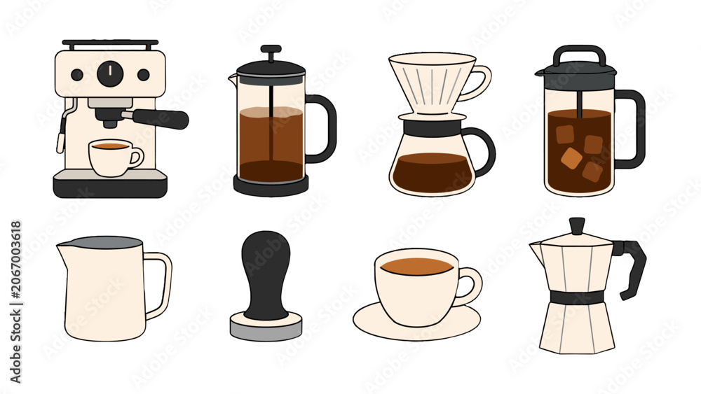 Fototapeta premium Vector set of coffee brewing tools and cups