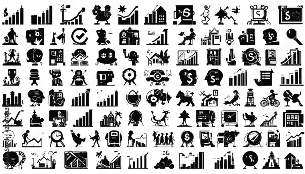 Obraz premium Icons representing financial growth and business strategy are organized in a structured grid format to provide a comprehensive collection of corporate graphics for professional communication projects.
