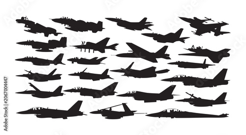 Obraz na plátne Set of jet fighters aircraft silhouettes vector illustration on transparent background modern military planes