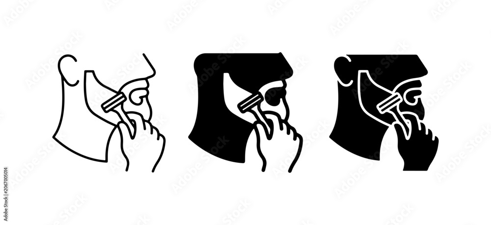 Fototapeta premium Shaving Icons: Face, Razor, Hand, Grooming Steps, Male Hygiene, Vector Set