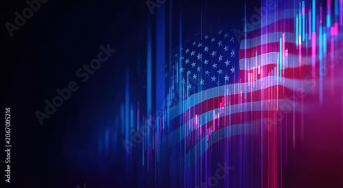 Financial stock market chart with glowing blue and red candlestick patterns overlaid on a united states flag, representing american economy