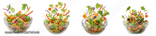 Fresh vegetable salad with lettuce, carrots and bell peppers in a glass bowl isolated on transparent background
