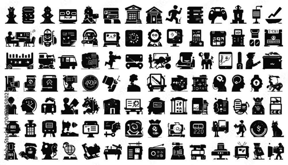 Obraz premium Icons representing various business operations and digital technology concepts are arranged in a dense grid pattern for professional design projects.