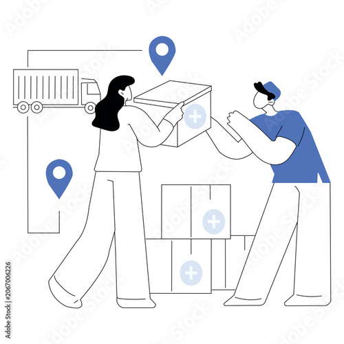 Medical logistics concept with courier delivering supply boxes
