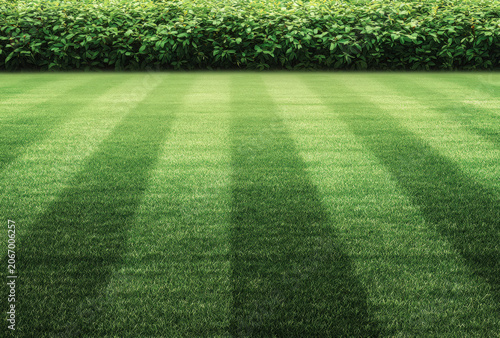 Lush green grass field with alternating light and dark stripes and a dense green hedge in the background, under bright daylight conditions