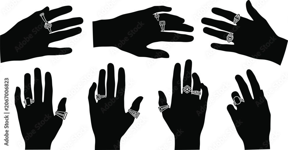 Fototapeta premium Female hand silhouettes with rings, elegant jewelry accessories collection, diamond gemstone fashion designs, vector illustration