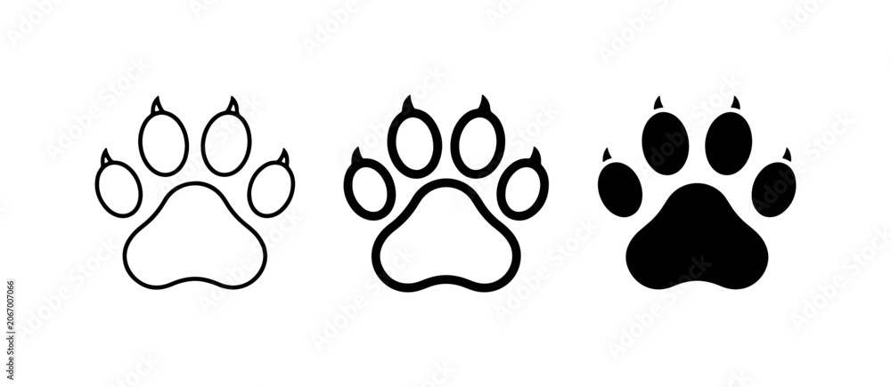 Fototapeta premium Paw Print Icons, Animal Tracks, Pet Footprints, Dog Cat Silhouette, Vector Graphics