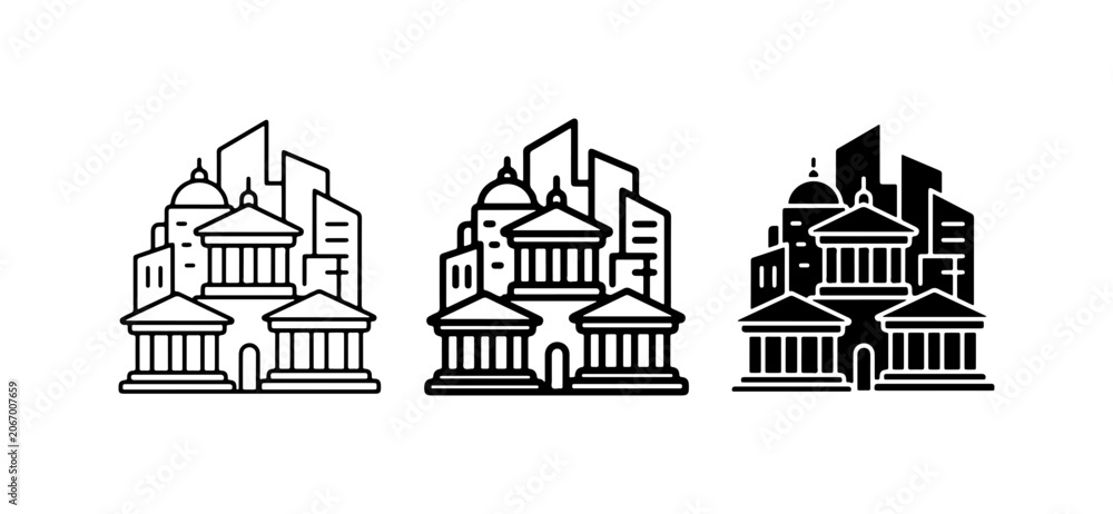 Fototapeta premium Government Buildings Icons, Civic Architecture Symbols, City Hall Vector Graphics