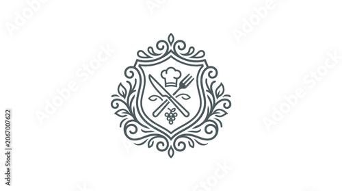 Elegant Culinary Crest with Chef Hat Crossed Utensils and Floral Heraldic Frame