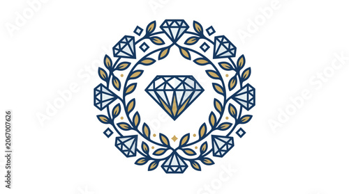 Elegant Diamond Gemstone Logo with Circular Laurel Leaf Wreath
