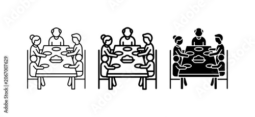 Family Meal Icons, Dinner Table Scenes, People Eating Together, Vector Graphics