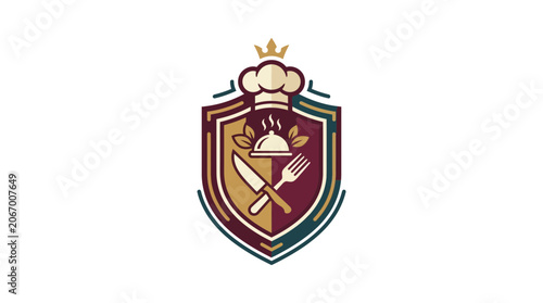 Elegant Gastronomy Logo with Shield Chef Hat and Crossed Cutlery