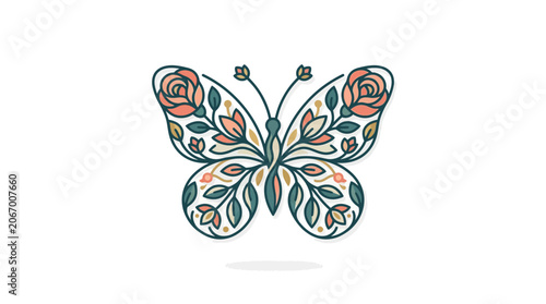 Elegant Floral Butterfly Vector Illustration with Rose and Leaf Patterns