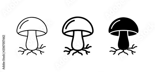 Mushroom Icons Set, Fungi Vector Graphics, Edible Plant Symbols, Forest Elements, Black and White