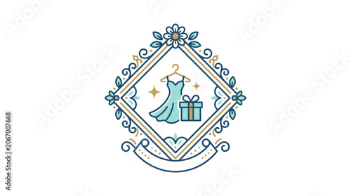 Elegant Fashion Boutique Logo Featuring Gown on Hanger and Gift Box in Ornamental Frame