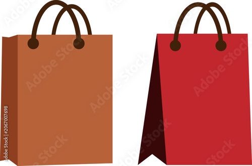 Minimalist paper shopping bags vector, brown and red retail gift bags with handles, flat commercial packaging icons for e-commerce