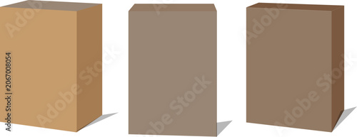 Cardboard box vector set, brown paper packaging mockups, three blank shipping cartons for delivery and logistics branding