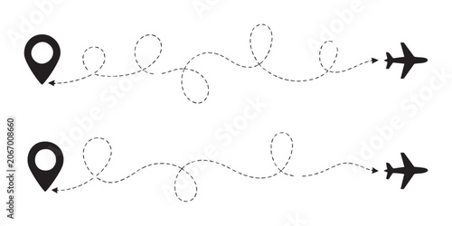 Bild auf Leinwand Various airplane flight path designs with location icons for maps and navigational route graphics