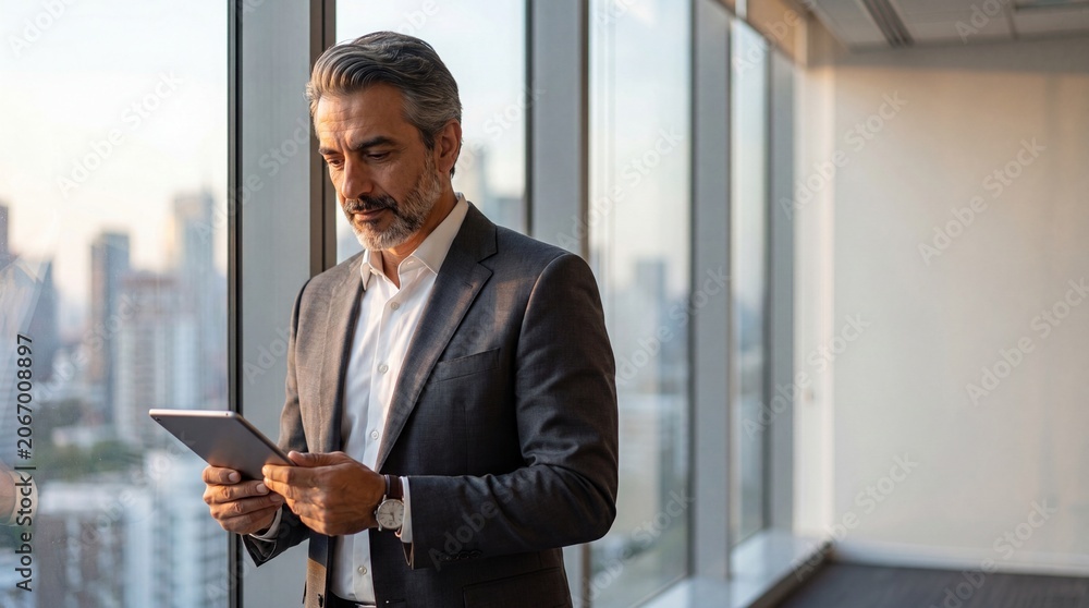 Fototapeta premium Smiling senior business man entrepreneur using digital tablet near window in executive office. Mature 50s Latin indian CEO businessman holding touchpad computer for online work, thinking at copy space