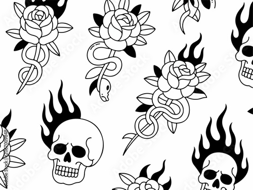 Fotografie Traditional tattoo flash pattern featuring skulls with flames roses entwined wit
