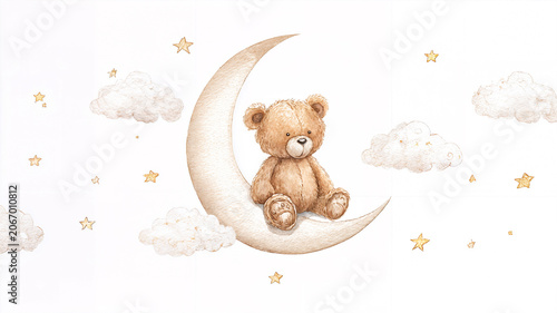 A cute teddy bear sits on the moon among clouds and stars. A delicate children's illustration for wallpaper, bedroom, nursery