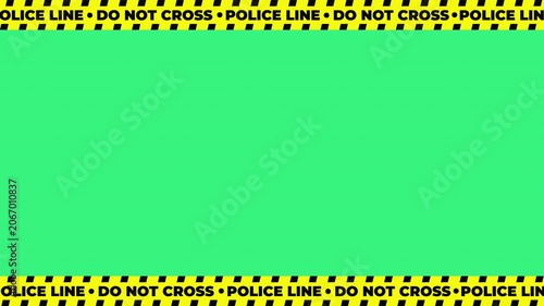 Yellow black striped police caution tape bordering vibrant green screen rectangular overlay background, suitable for safety themed designs or crime related concepts.